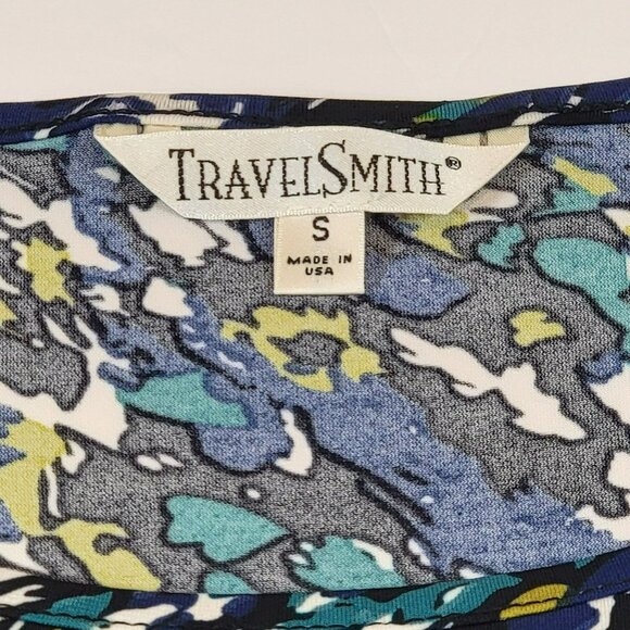Travel Smith Top, Women S, Blue, Tan, Black Abstract Print, SS, Polyester, EUC - Picture 6 of 12